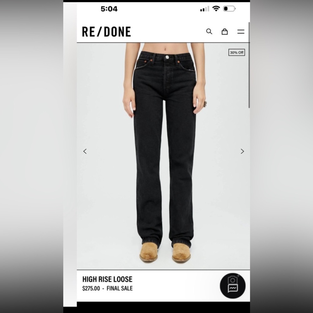 Re/Done high rise loose black denim jean, size 26.